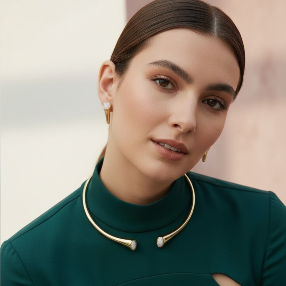 Pave Crystal Necklace and Earrings Set: 14K Gold Plated